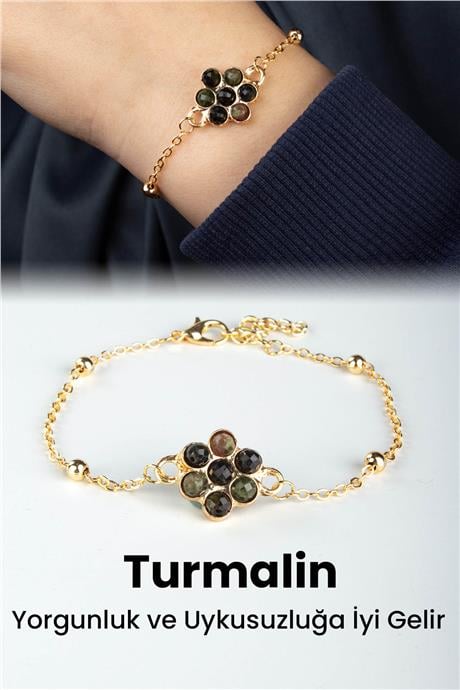 Turmalin Doğal Taş Çiçek Kesim Zincir Kapamalı Bileklik