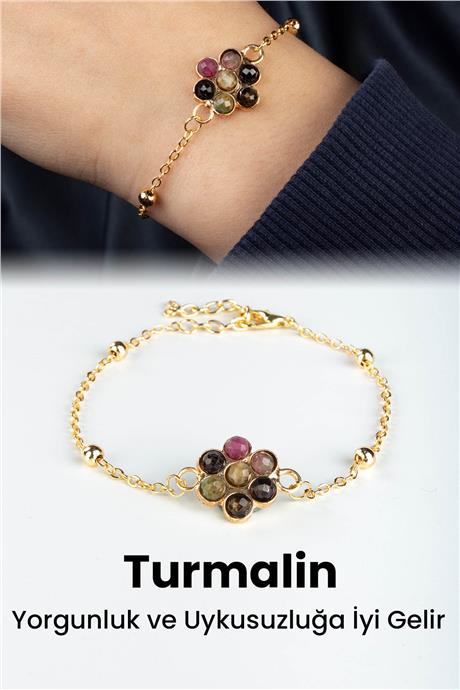 Turmalin Doğal Taş Çiçek Kesim Zincir Kapamalı Bileklik