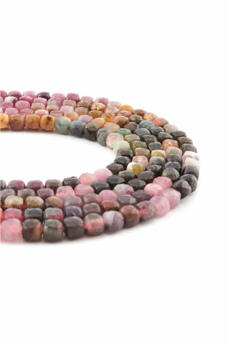 Turmalin Doğal Taş Parlak Karışık Küp Kesim 4x4mm Dizi