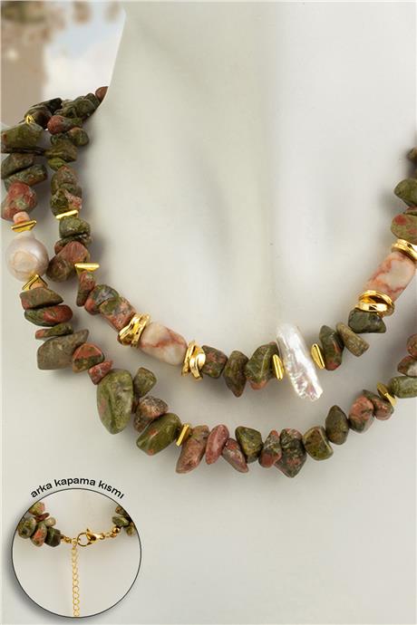 Unakit Doğal Kırık Taş İnci İkili Kombin Çelik Kolye