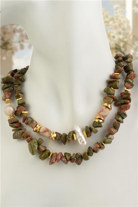 Unakit Doğal Kırık Taş İnci İkili Kombin Çelik Kolye