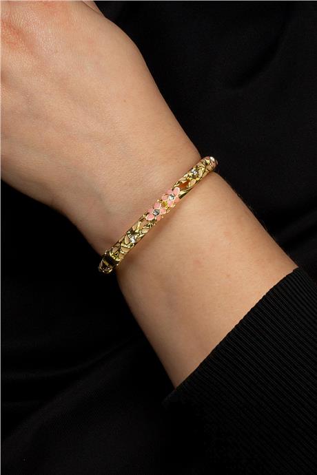 Vintage Gold Mineli Çiçek Desenli Bilezik