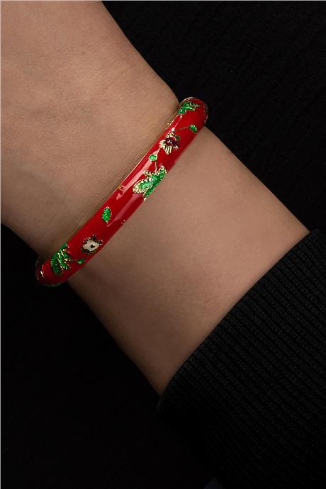 Vintage Kırmızı Mineli Çiçek Desenli Bilezik