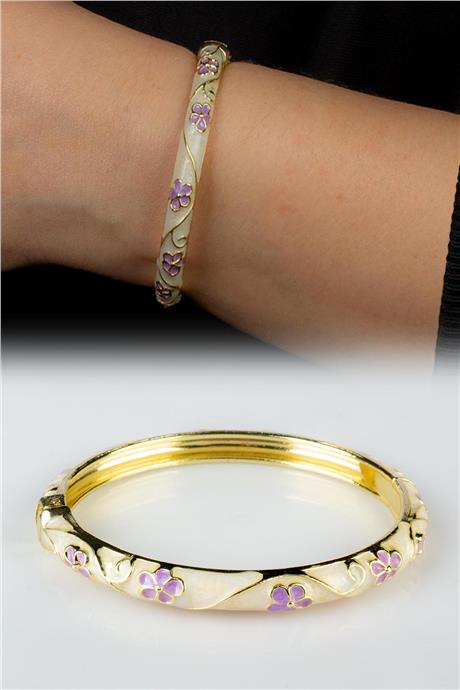 Vintage Krem Mineli Çiçek Desenli Bilezik