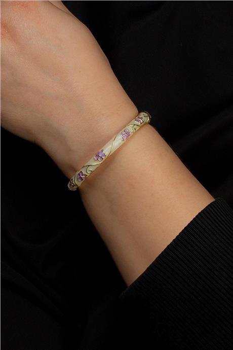 Vintage Krem Mineli Çiçek Desenli Bilezik