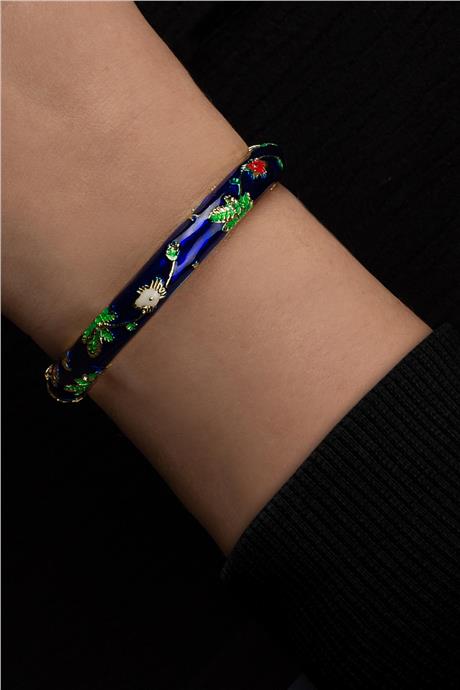 Vintage Lacivert Mineli Çiçek Desenli Bilezik