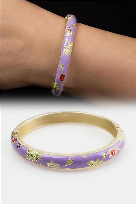Vintage Lila Mineli Çiçek Desenli Bilezik