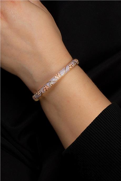 Vintage Pudra Pembe Mineli Çiçek Desenli Bilezik