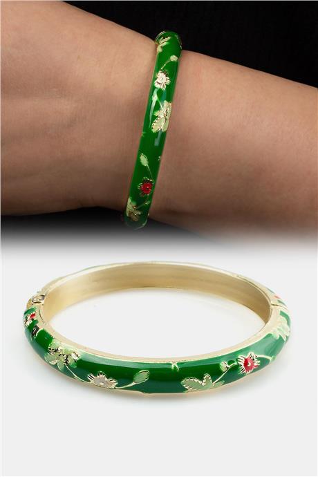 Vintage Yeşil Mineli Çiçek Desenli Bilezik
