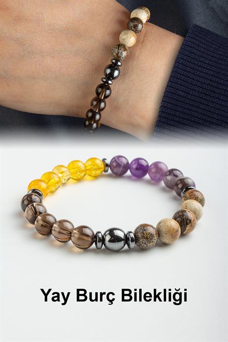 Yay Burç Bilekliği Ametist-Jasper-Sitrin-Dumanlı Kuvars Doğal Taş 8mm Bileklik