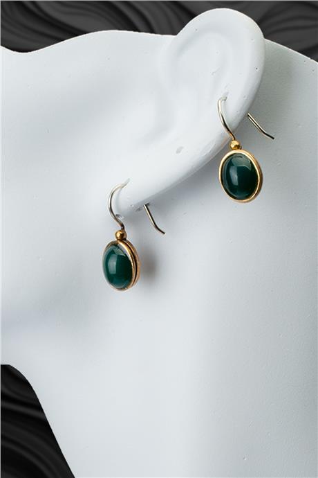 Yeşil Akik Doğal Taş Büyük Oval Kesim Bronz Küpe