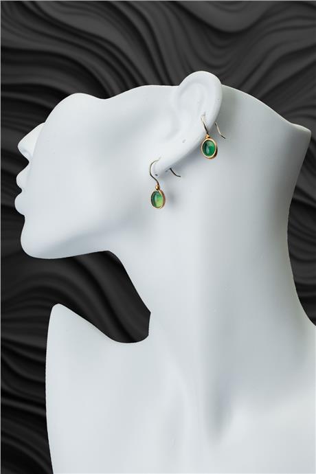 Yeşil Akik Doğal Taş Mini Oval Kesim Bronz Küpe