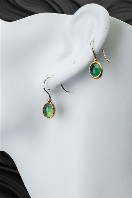 Yeşil Akik Doğal Taş Mini Oval Kesim Bronz Küpe