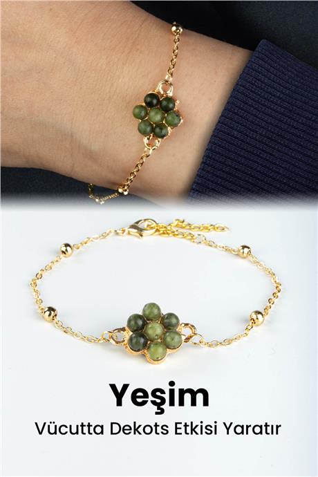 Yeşim Doğal Taş Çiçek Kesim Zincir Kapamalı Bileklik