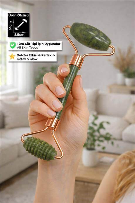 Yeşim Taşı Roz Face Roller Çift Taraflı Tırtıklı Masaj Aleti