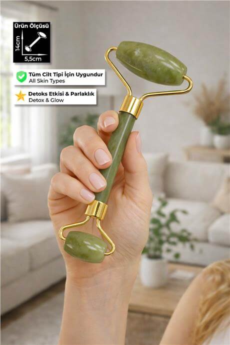 Yeşim Taşı Face Roller Doğal Taş Yüz Masaj Aleti - Altın Sap