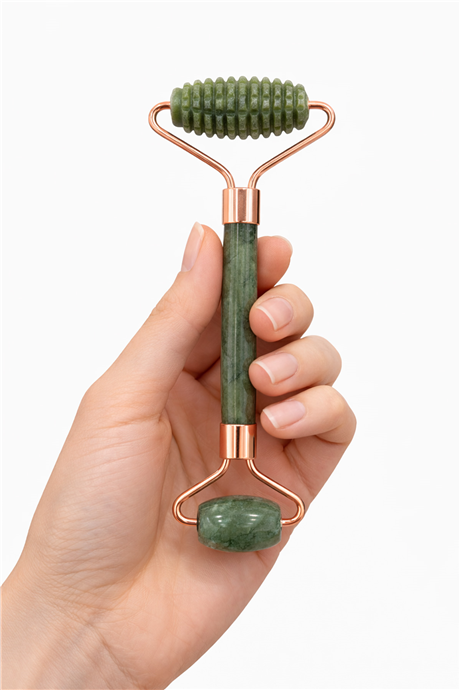 Yeşim Taşı Roz Face Roller Çift Taraflı Tırtıklı Masaj Aleti