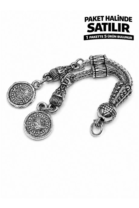 Zamak Çift Zincir Gümüş Tesbih Püskülü 5 Adet