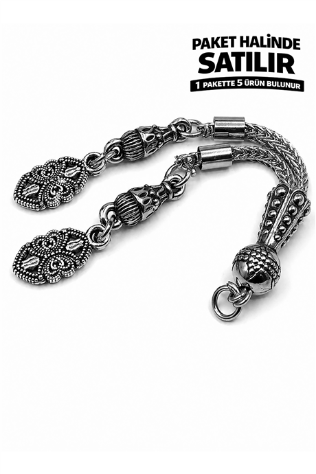 Zamak Çift Zincir Gümüş Tesbih Püskülü 5 Adet