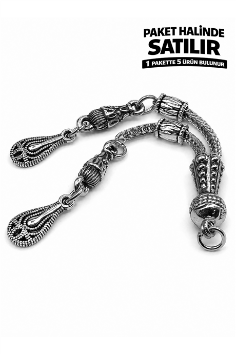 Zamak Çift Zincir Gümüş Tesbih Püskülü 5 Adet
