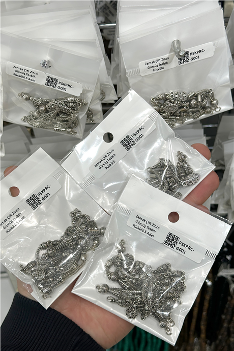 Zamak Çift Zincir Gümüş Tesbih Püskülü 5 Adet