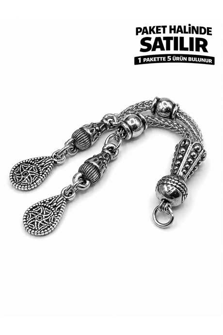 Zamak Çift Zincir Gümüş Tesbih Püskülü 5 Adet