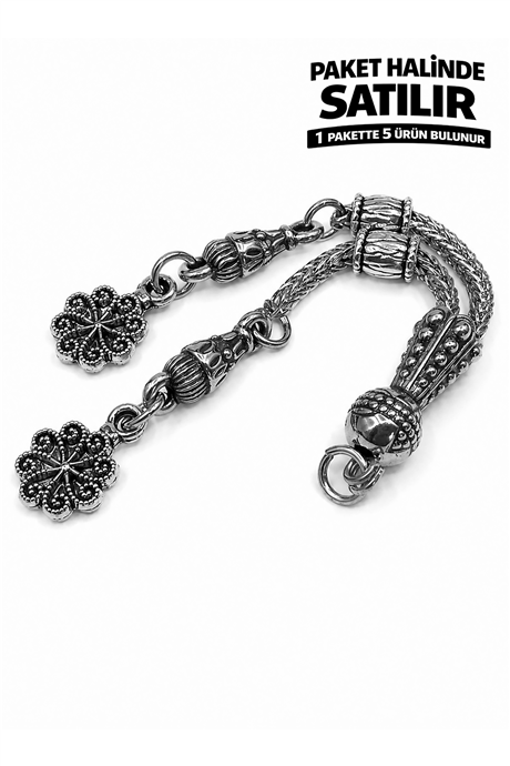 Zamak Çift Zincir Gümüş Tesbih Püskülü 5 Adet