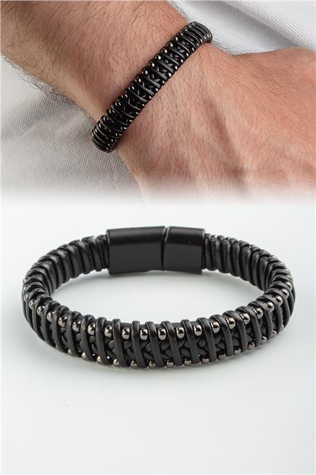 Zincir Motifli Örme 12mm Deri Erkek Bilekliği