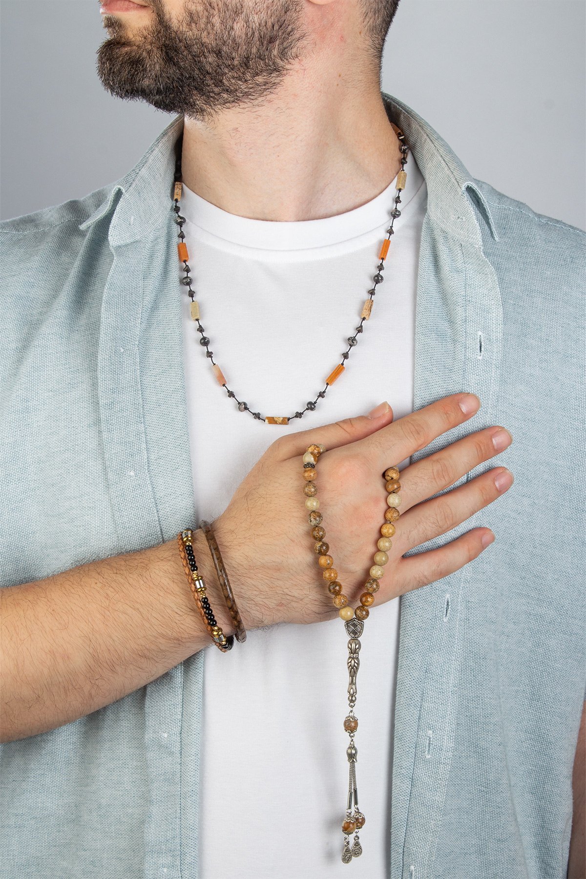 Ağaç Jasper Doğal Taşlı Deri Bileklikli 3 lu Hediye Erkek Takı Seti