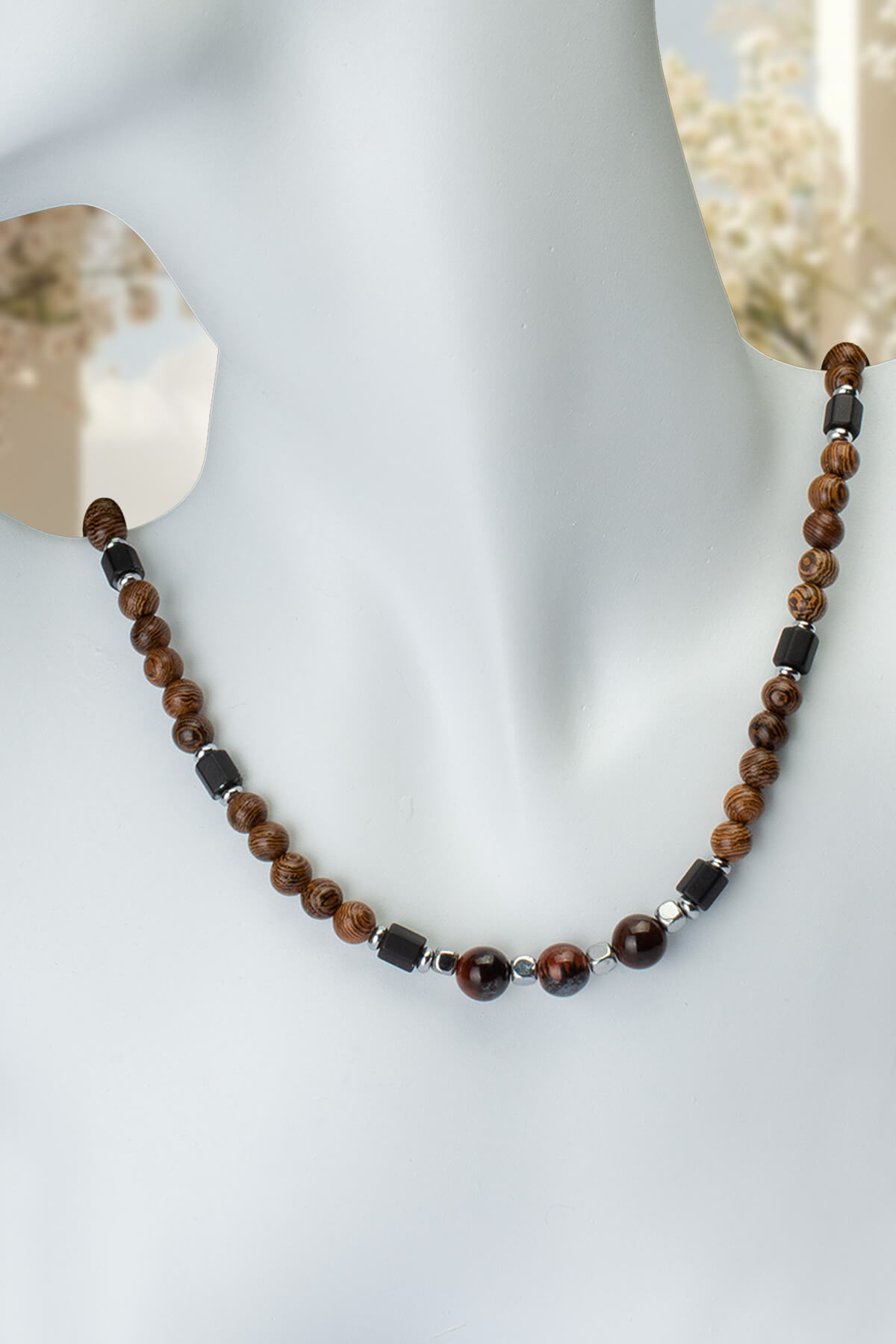 Ahşap ve Şahingözü Doğal Taş Erkek Kolyesi 55cm