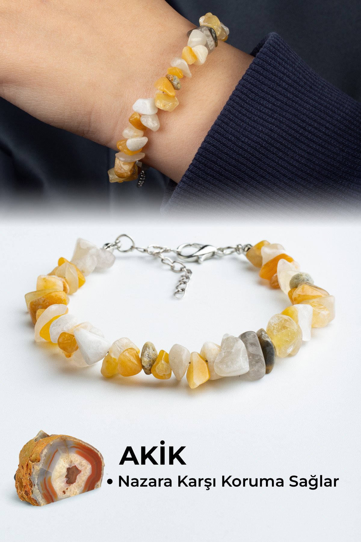 Akik Doğal Kırık Taş Sarı Zincir Kapamalı Bileklik
