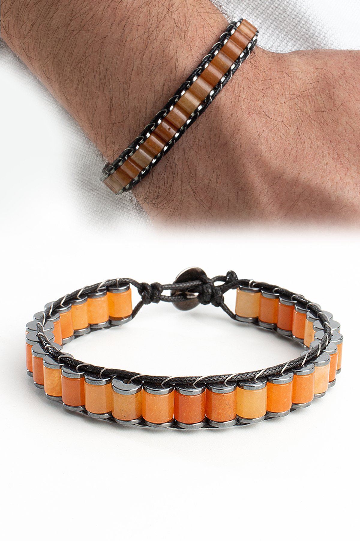 Akik Doğal Taş Kahverengi Örme Erkek Bilekliği 6x5mm