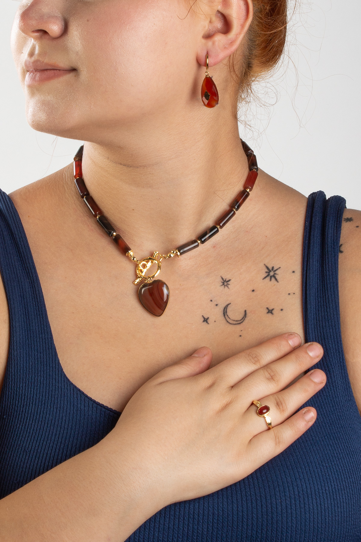 Akik Doğal Taşlı 3 lu Hediye Kadın Takı Seti