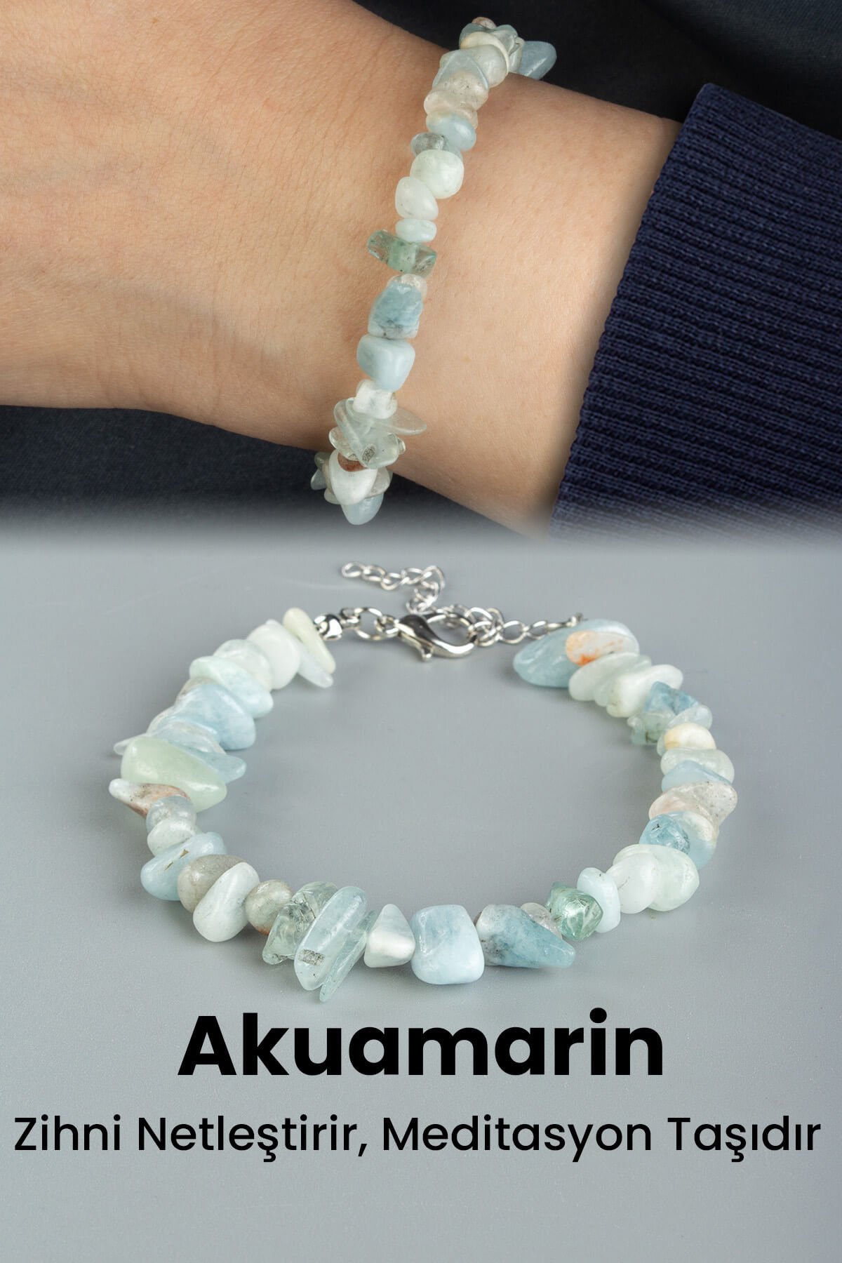 Akuamarin Doğal Kırık Taş Zincir Kapamalı Bileklik