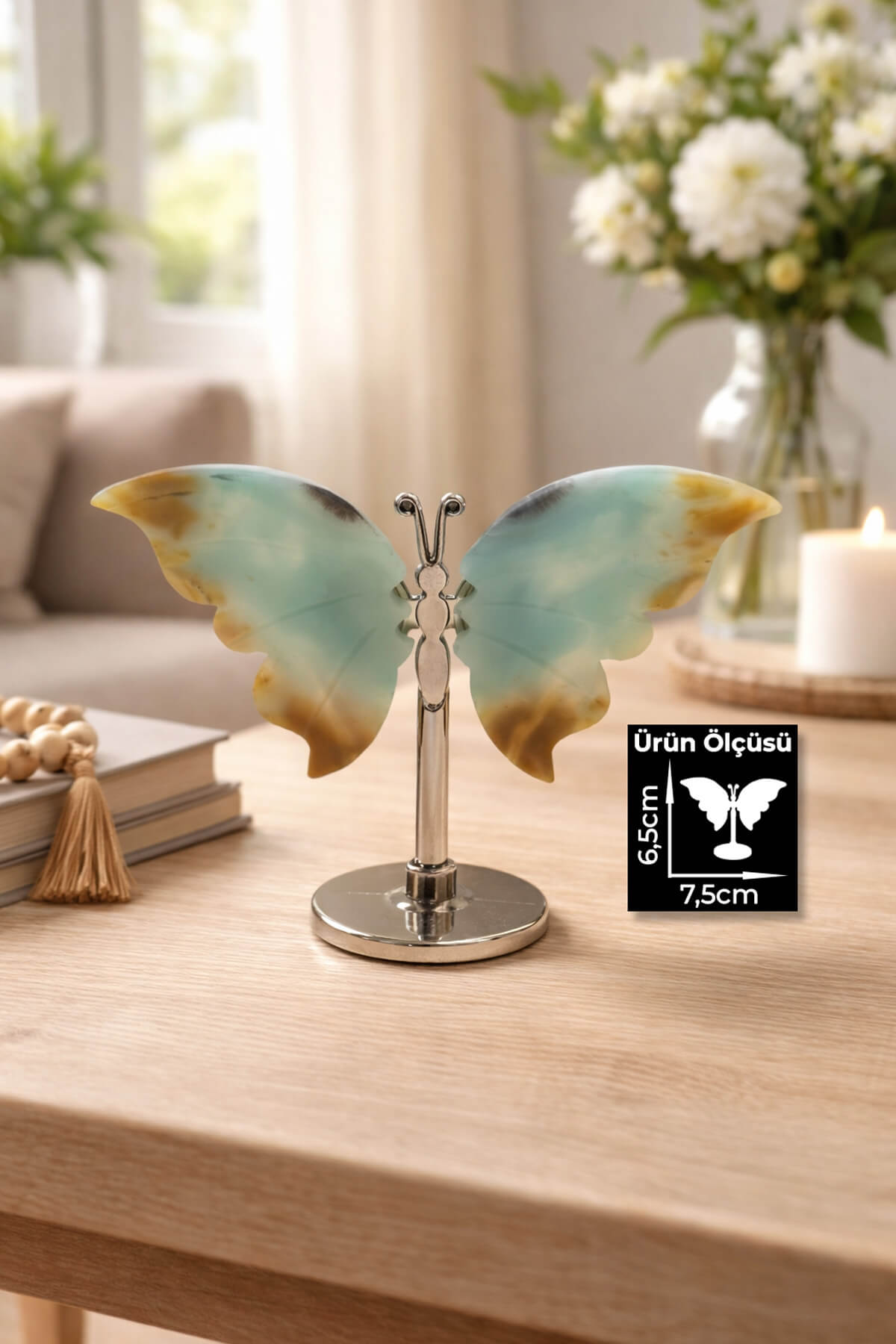 Amazonit Taşı Doğal Taş Standlı Kelebek Figürlü Ev Dekorasyon Obje