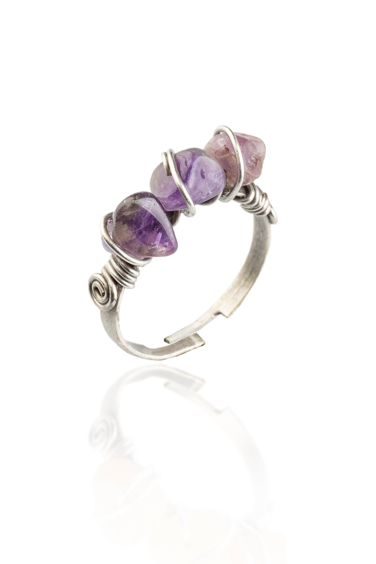 Ametist Doğal Kırık Taş Çelik Ayarlanabilir Yüzük