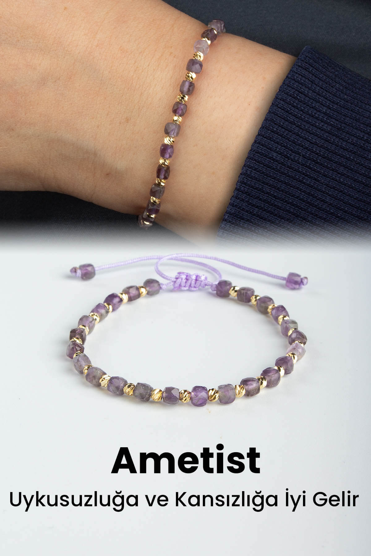 Ametist Doğal Taş Faset Küp Kesim Makrome Bileklik
