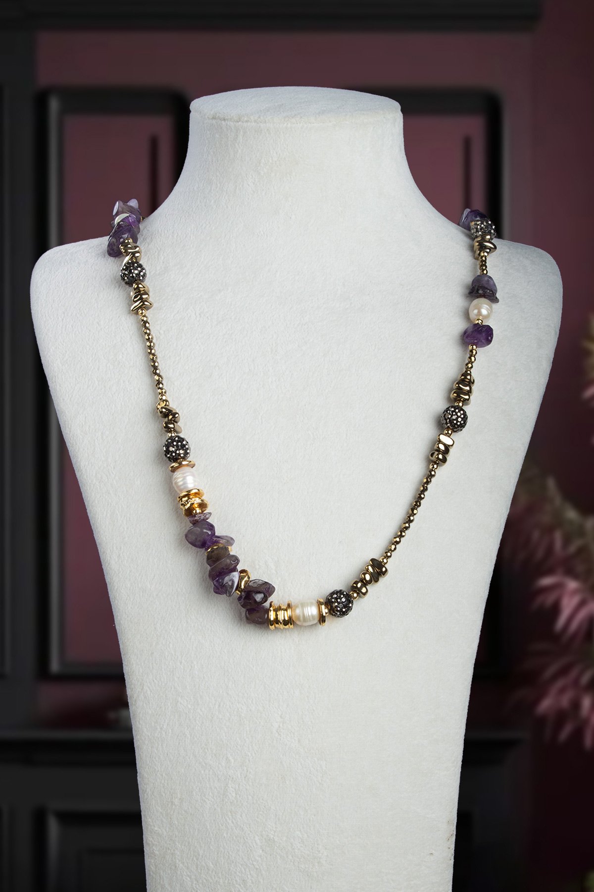 Ametist-İnci ve Hematit Doğal Kırık Taş Uzun Çelik Kolye