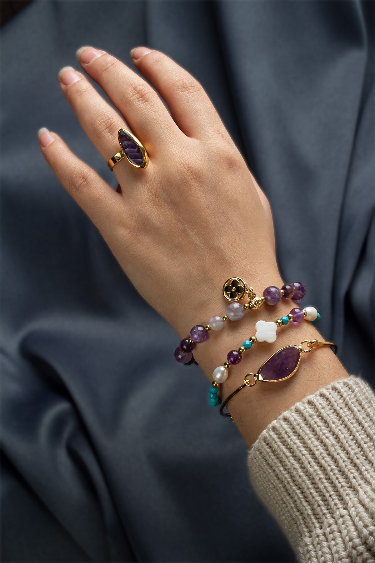 Ametist Karışık Doğal Taşlı 3 lü Bileklik & Ametist Taşı Ayarlanabilir Yüzük Hediye Seti