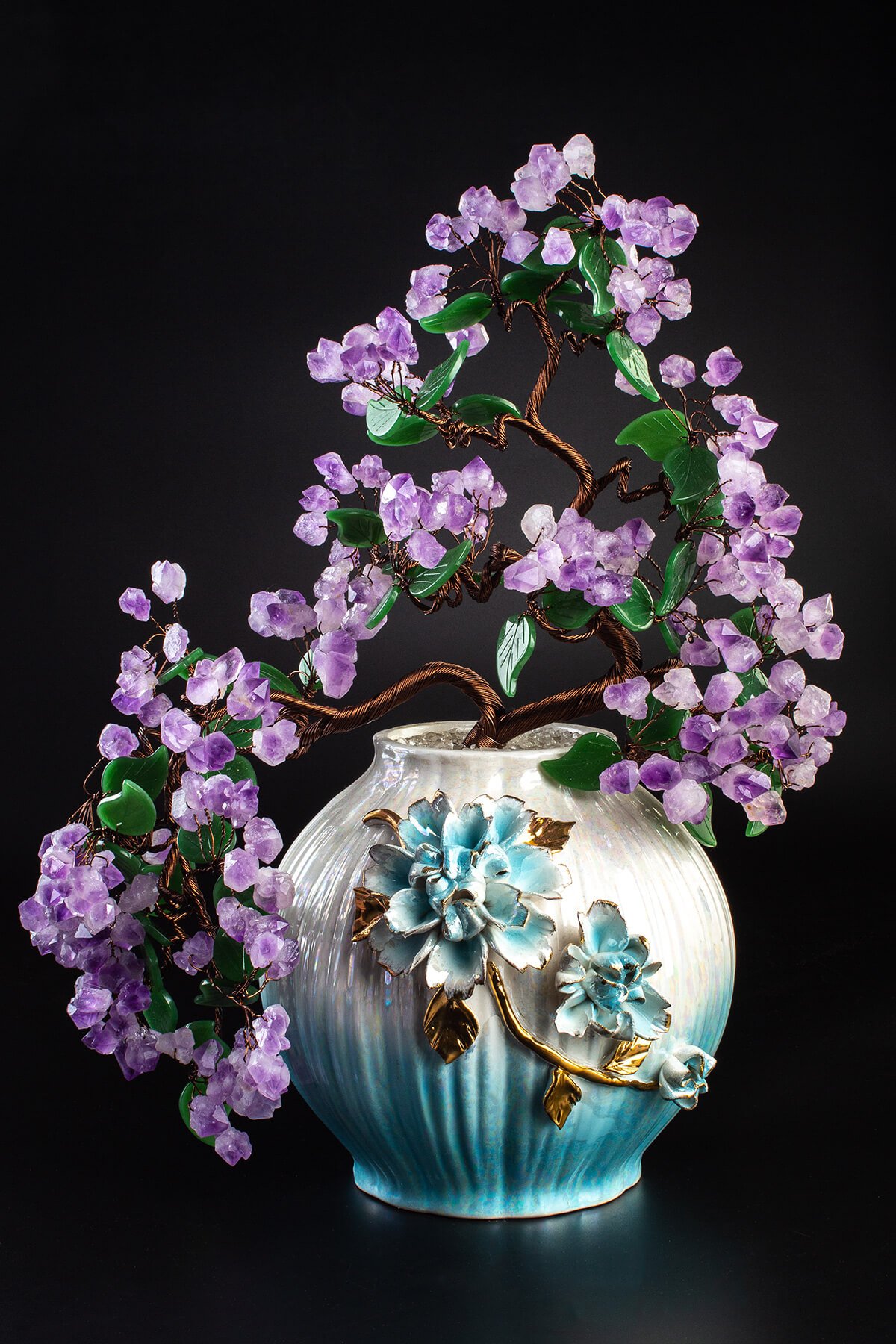 Ametist Taşı El Yapımı Doğal Taş 45x22x22cm Vazolu Ağaç