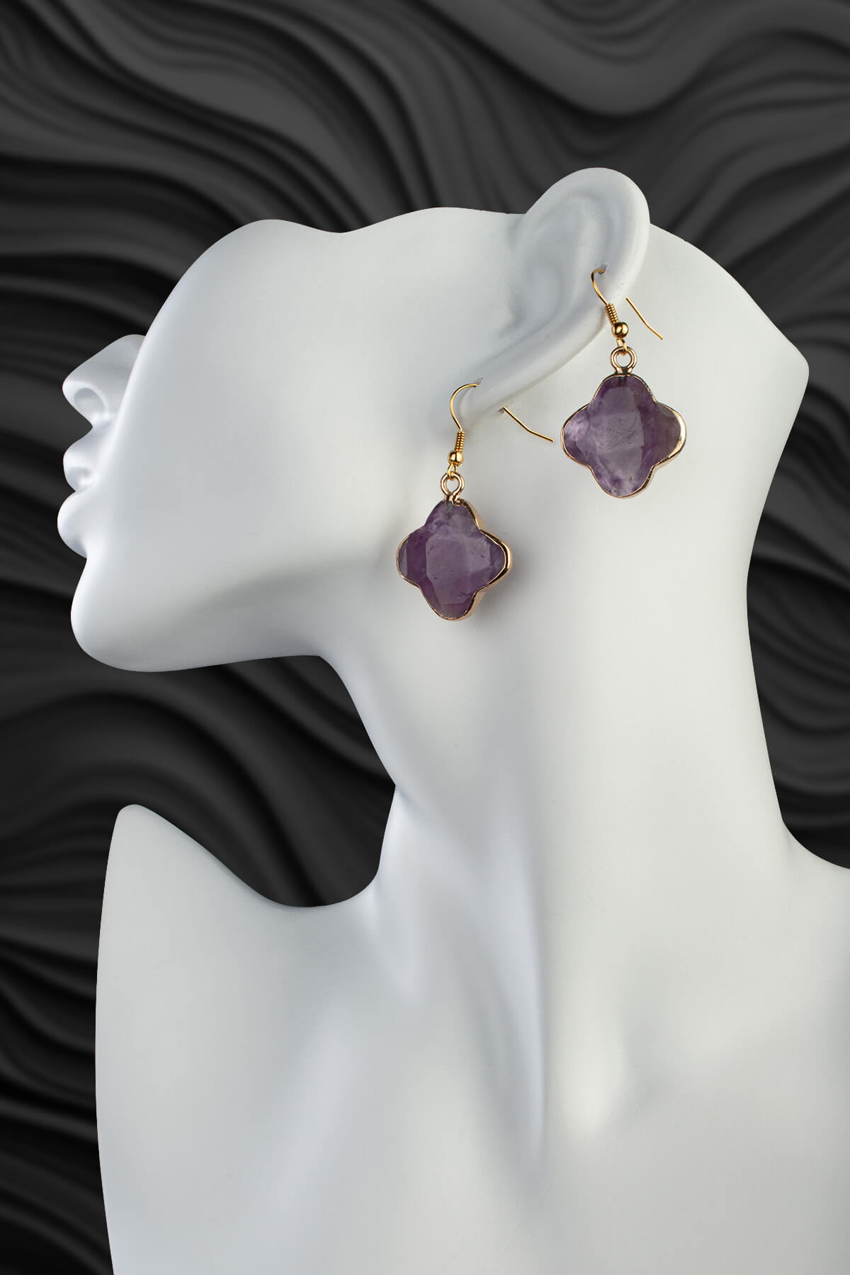 Ametist Taşı Yonca Kesim Küpe