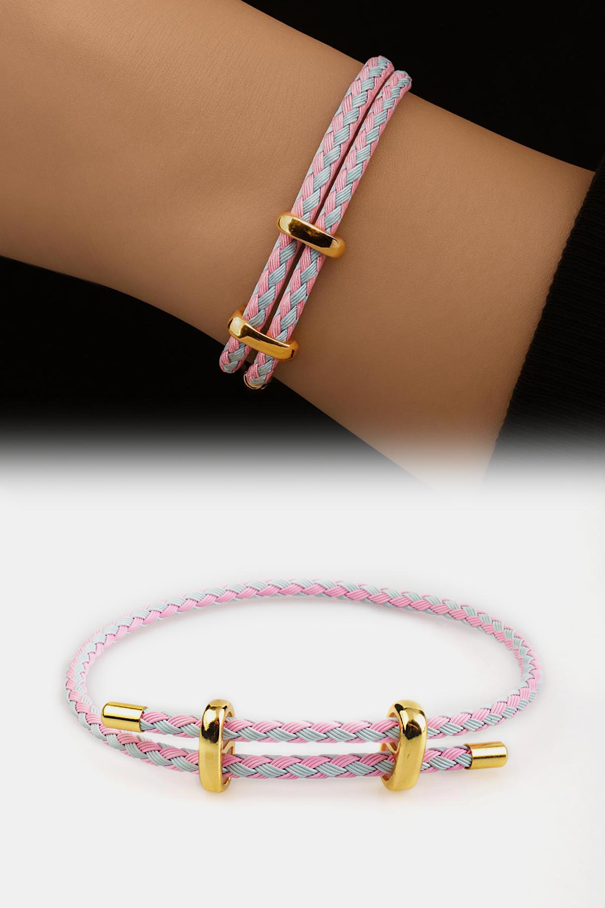Ayarlanabilir Pembe-Gri Örme Çelik Bileklik
