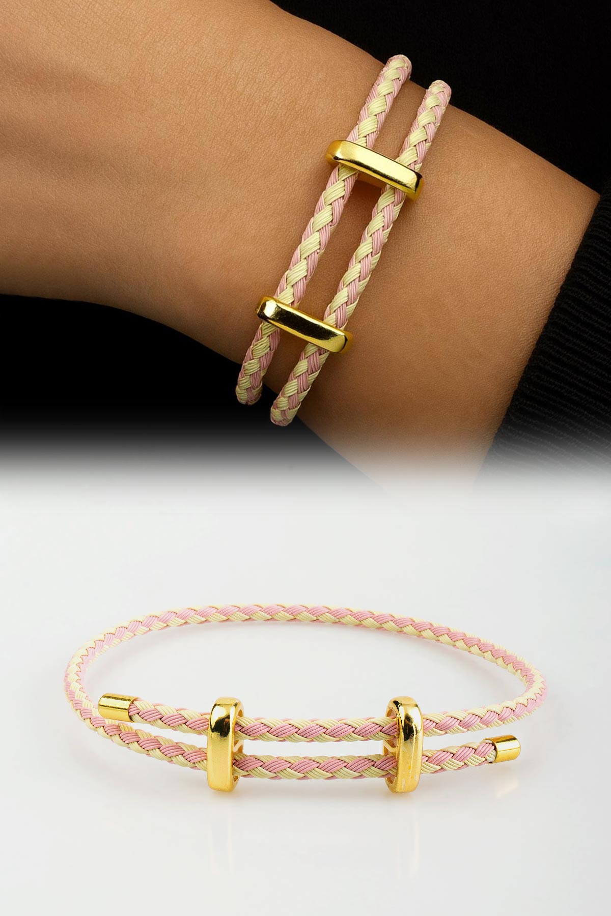 Ayarlanabilir Pembe-Sarı Örme Çelik Bileklik