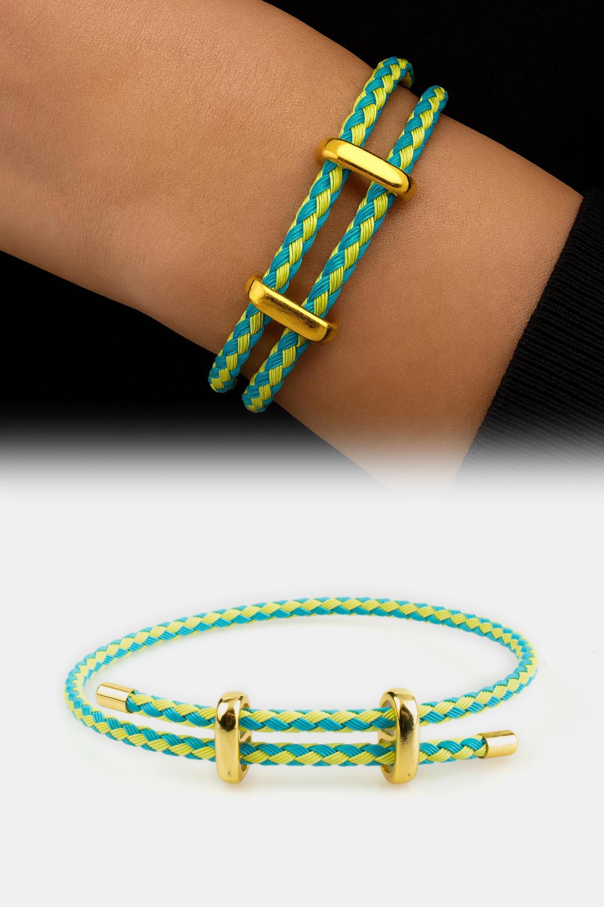 Ayarlanabilir Turkuaz-Sarı Örme Çelik Bileklik