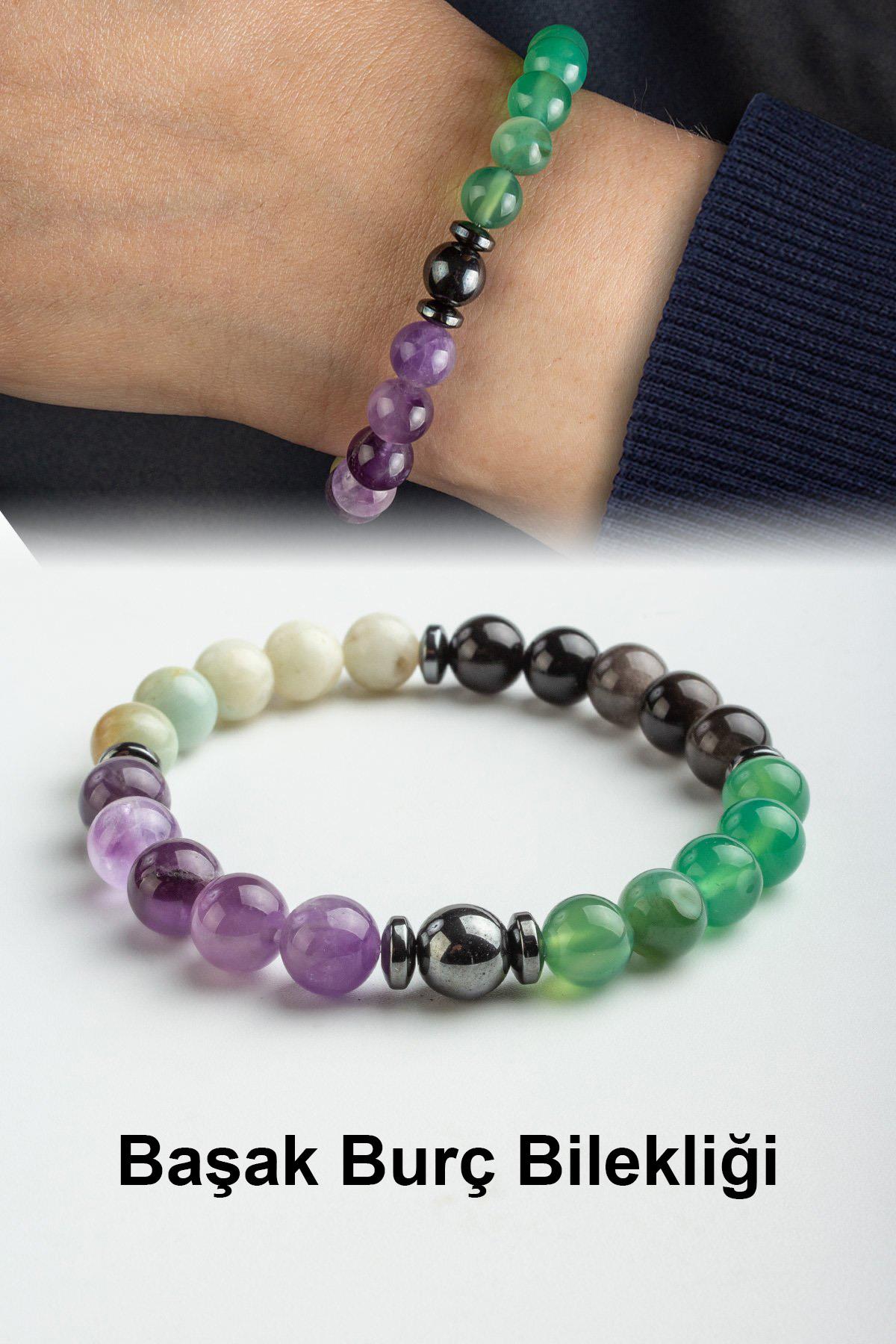 Başak Burç Bilekliği Amazonit-Yeşil Akik-Ametist-Obsidyen Doğal Taş 8mm Bileklik