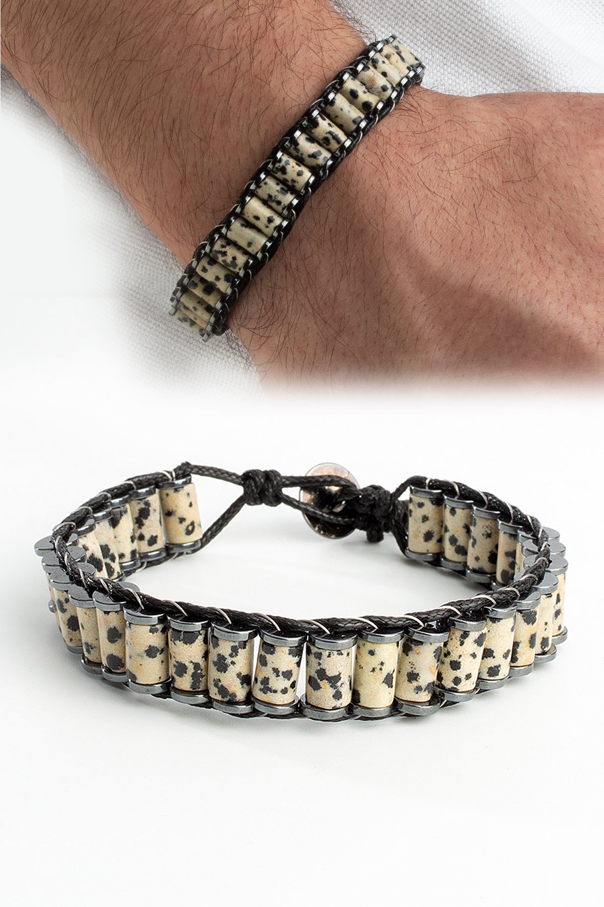 Benekli Jasper Doğal Taş Örme Erkek Bilekliği 6x8mm