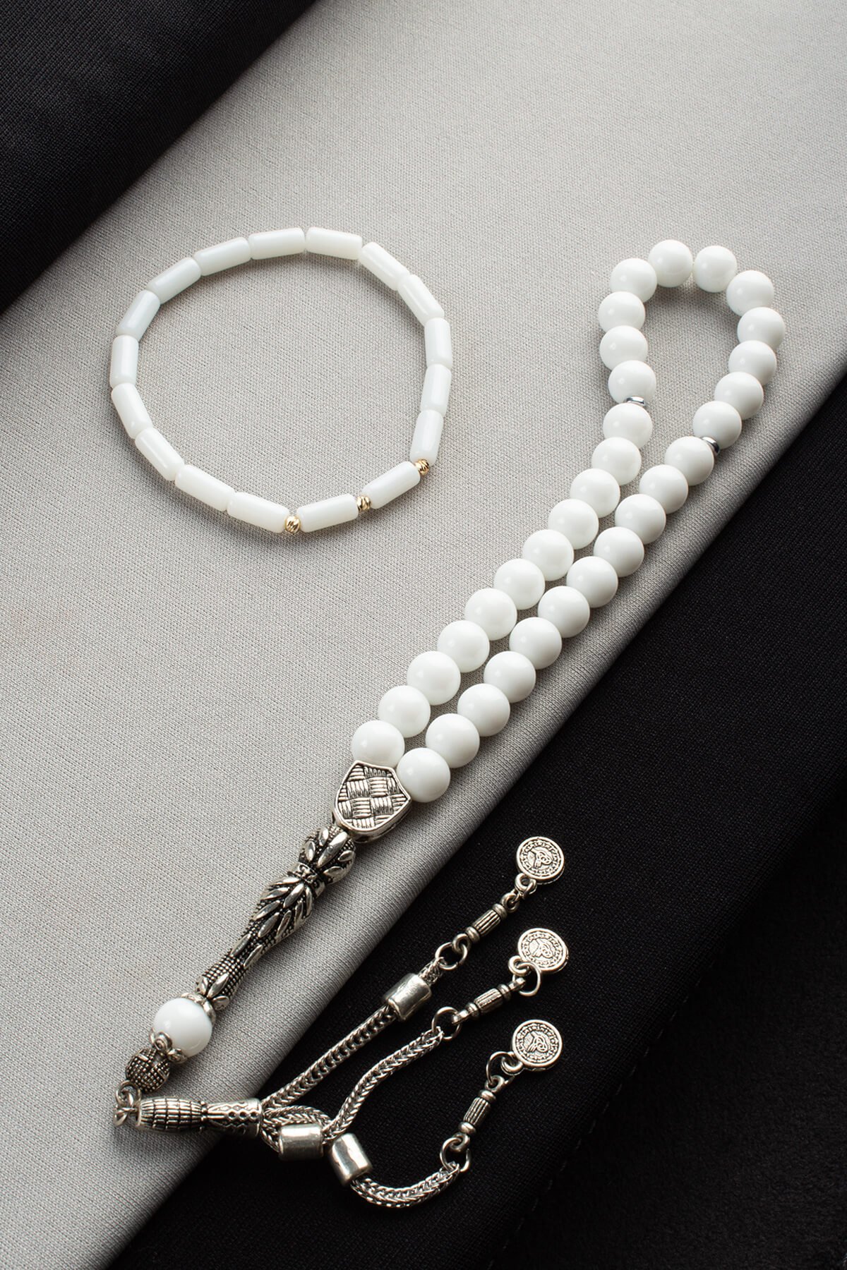 Cam Beyaz Misina Bileklik & Cam Beyaz 33 lü 8mm Tesbih Seti