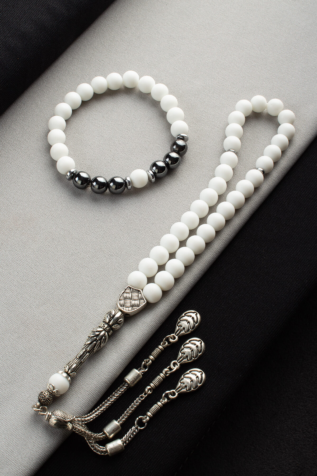 Cam Beyaz Misina Bileklik & Cam Beyaz 33 lü 8mm Tesbih Seti