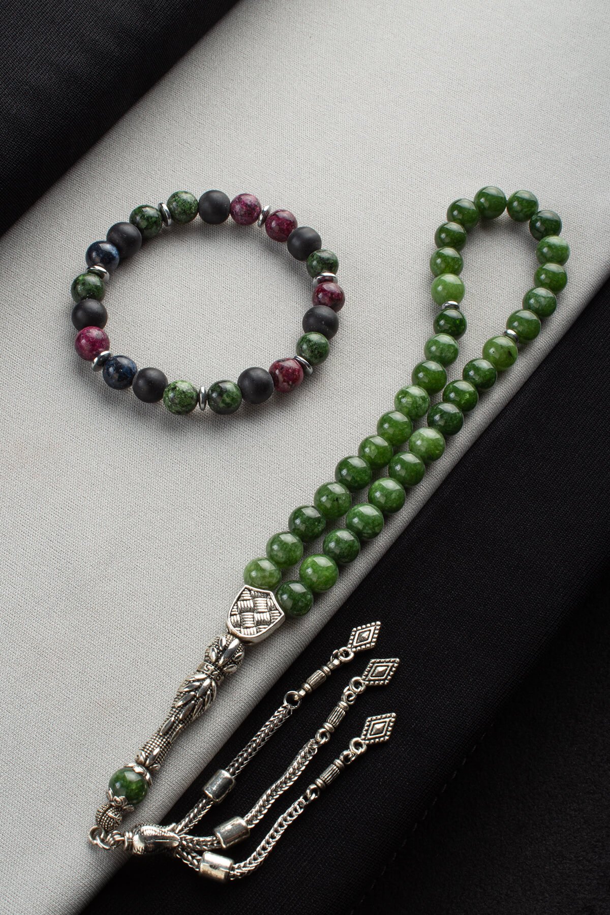 Cam Karışık Misina Bileklik & Cam Yeşil 33 lü 8mm Tesbih Seti