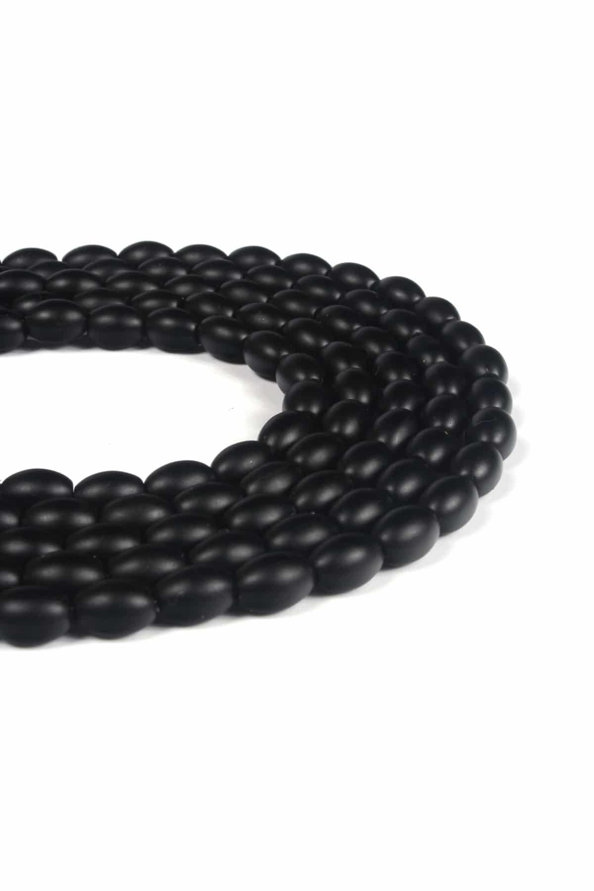 Onyx Glass Matte Black Barley Cut 6x9mm String Of Beads